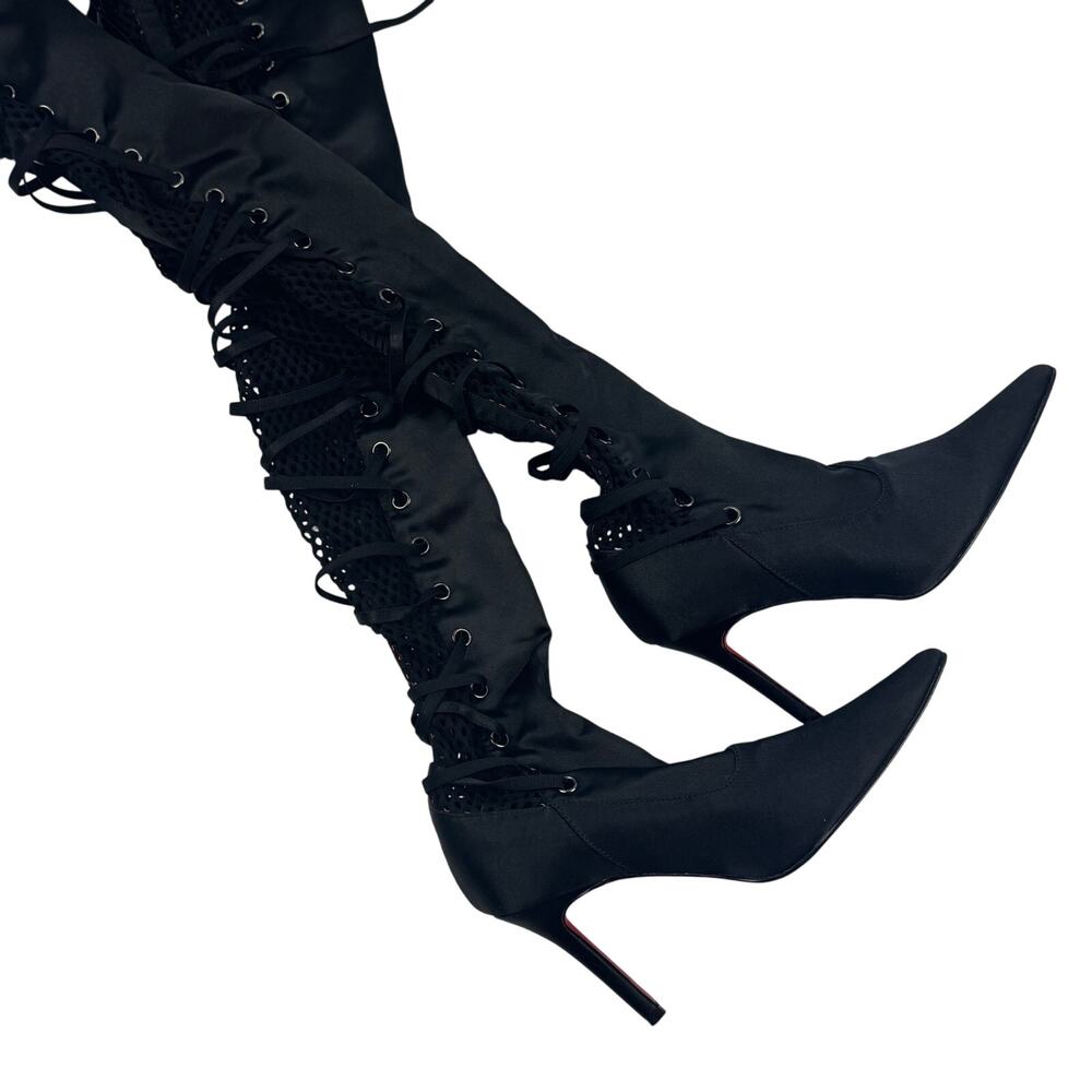 Colin Stuart Satin Mesh Stretch Lace Up Thigh High Sexy Witchy Boots Women's 5